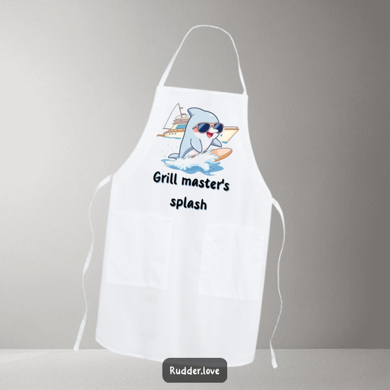 Funny apron featuring a smiling dolphin wearing sunglasses, surfing a wave near a yacht, ideal for beach-themed kitchens.