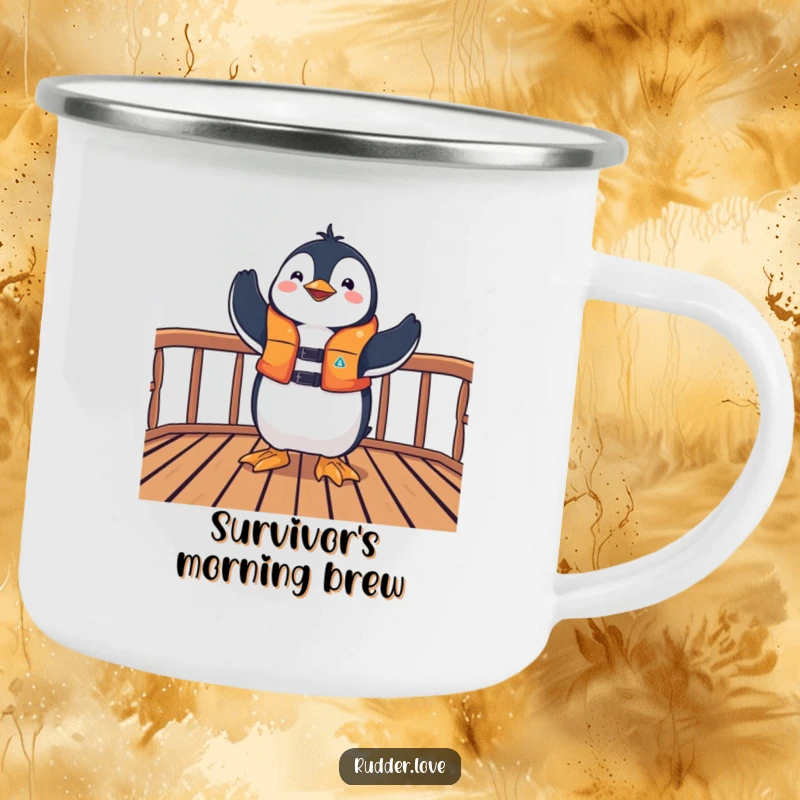 Funny camping mug with a playful penguin in a life jacket striking a triumphant pose on a deck, perfect for celebratory camping trips.