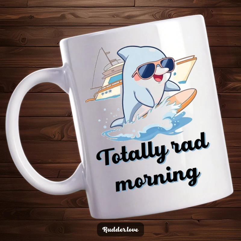 Funny mug showing a smiling dolphin wearing cool sunglasses, expertly surfing a small wave near a luxurious yacht.