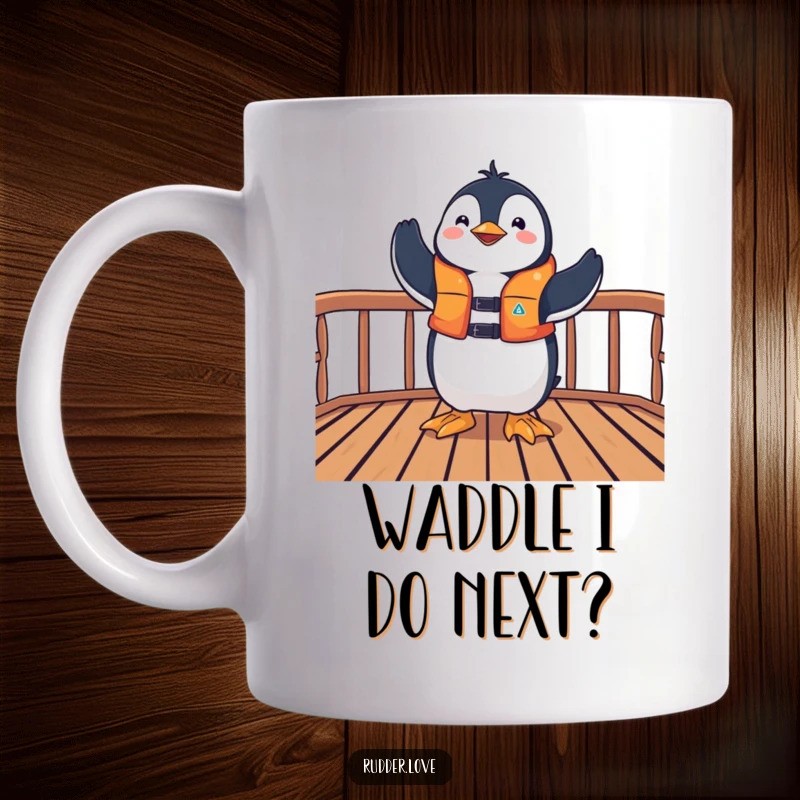 Funny mug showing a playful penguin wearing a bright orange life jacket, striking a triumphant pose on a ship's deck.