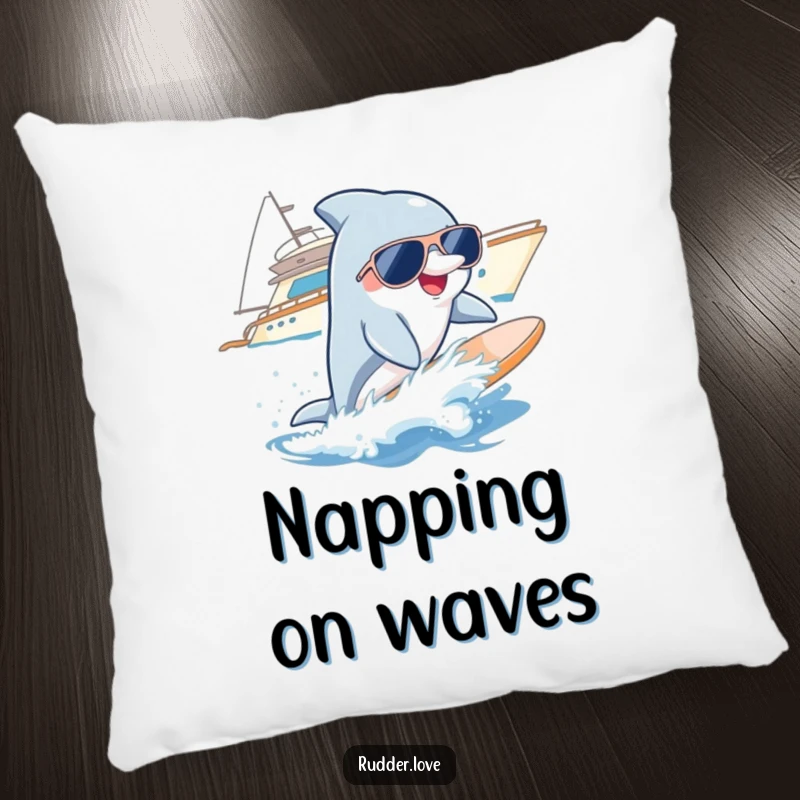 Funny pillow with a smiling dolphin wearing sunglasses, surfing a wave near a yacht, perfect for a cool, beachy vibe.