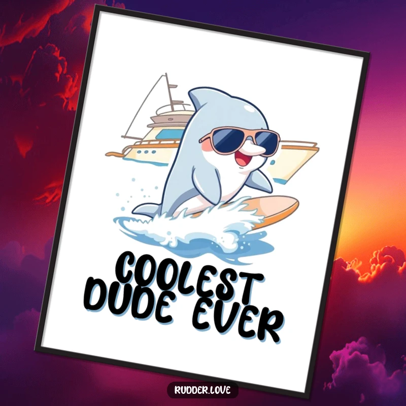 Funny digital art print of a smiling dolphin wearing sunglasses, surfing a wave near a yacht, perfect for beach-themed decor.