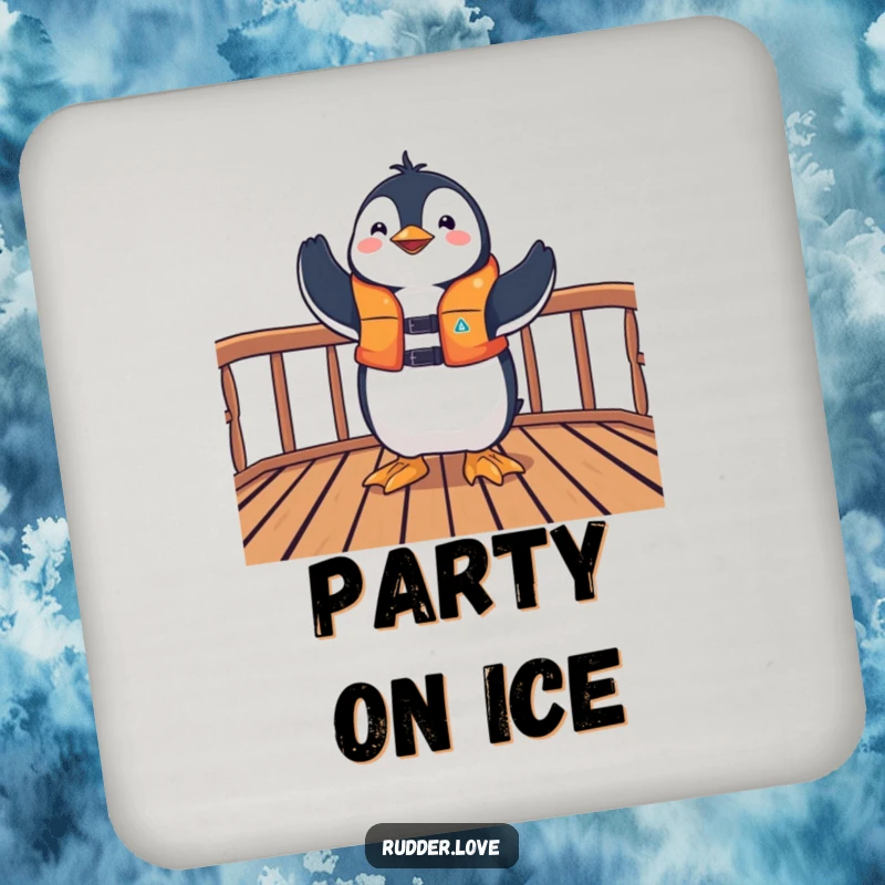 Funny drink coaster depicting a playful penguin in a life jacket striking a triumphant pose on a deck, a functional and amusing accessory.