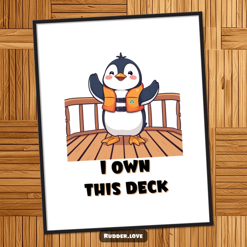 Funny poster showcasing a playful penguin in a life jacket striking a triumphant pose on a deck, embodying celebratory joy.