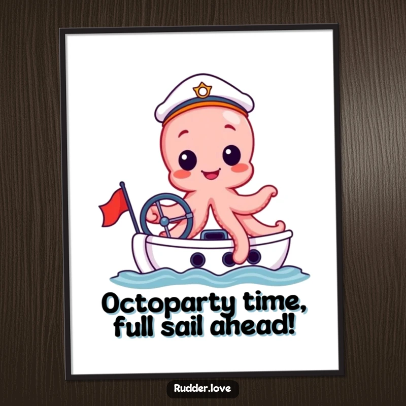Funny Free Printable Wall Art: A happy octopus in a sailor hat confidently steering a miniature yacht.