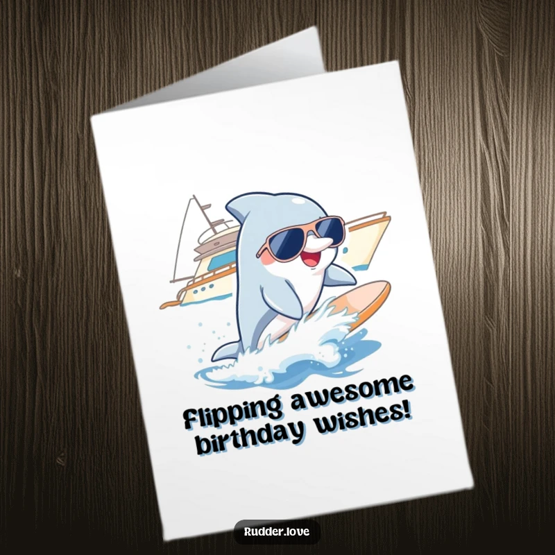 Funny Free Printable Birthday Card: A smiling dolphin in sunglasses surfing a wave near a yacht.