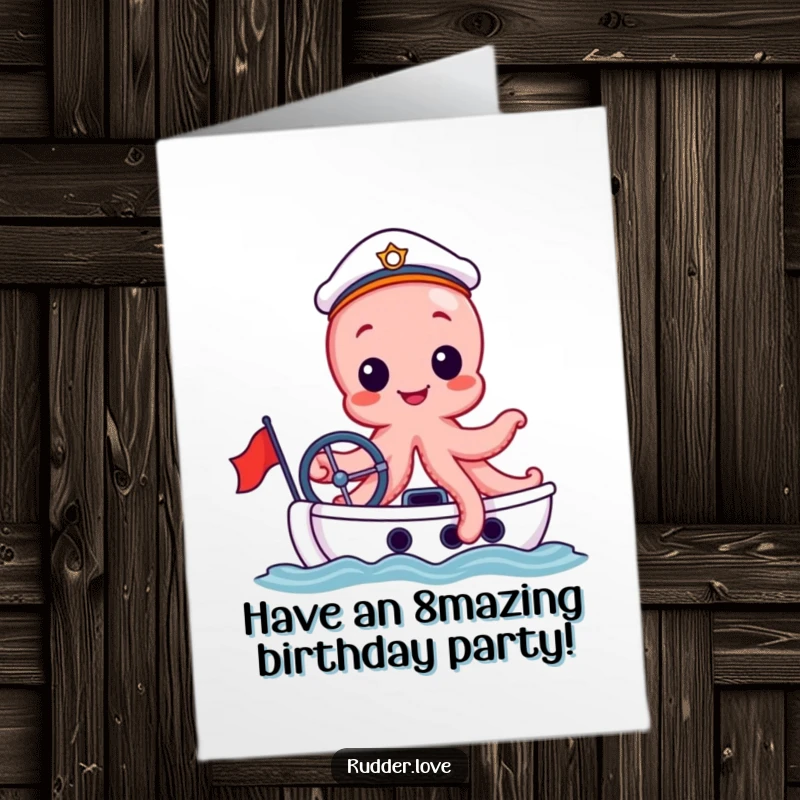 Funny Free Printable Birthday Card: A happy octopus in a sailor hat joyfully steering a small yacht.