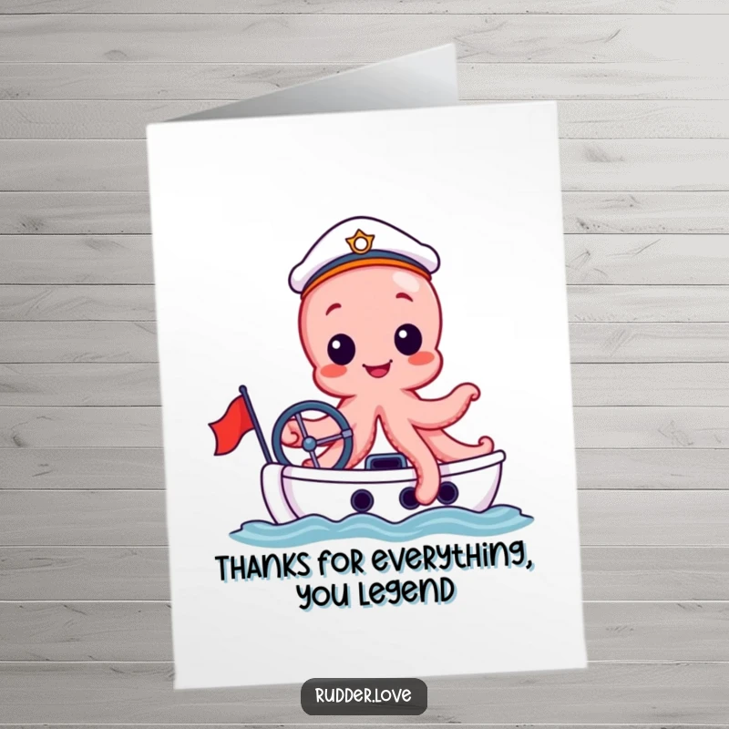 Funny Free Printable Thank You Card: A smiling octopus in a sailor hat captaining a small yacht.