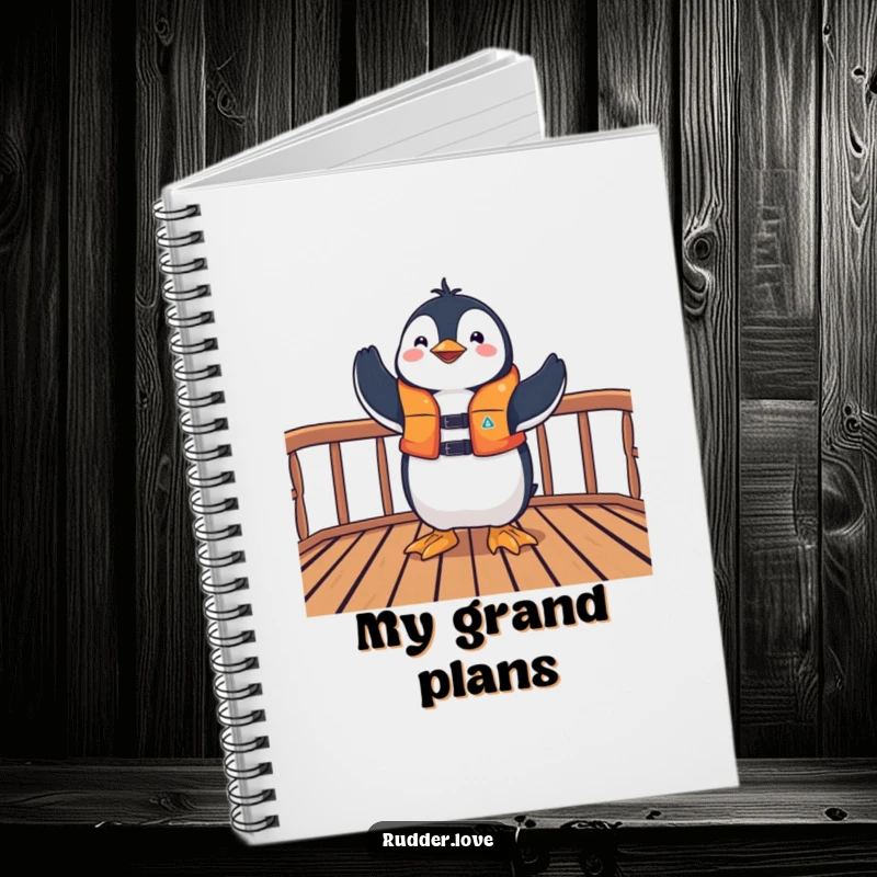 Funny notebook with a playful penguin in a life jacket striking a triumphant pose on a deck, perfect for journaling successes.