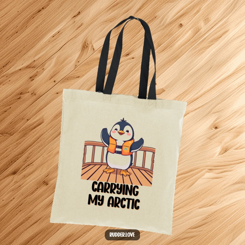 Funny tote bag with a playful penguin in a life jacket striking a triumphant pose on a deck, ideal for carrying victory.
